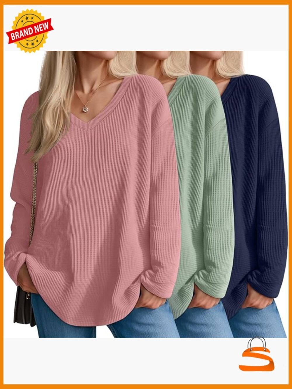 3 Pack Oversized Waffle Knit Long Sleeve V Neck Tees